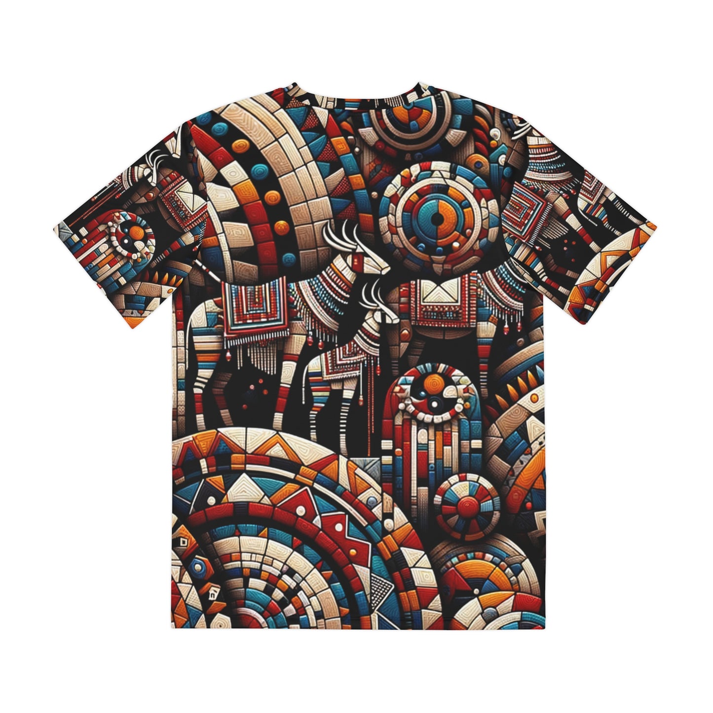 Artistic African print tee for men by LuckeLadybug featuring colorful geometric and tribal patterns