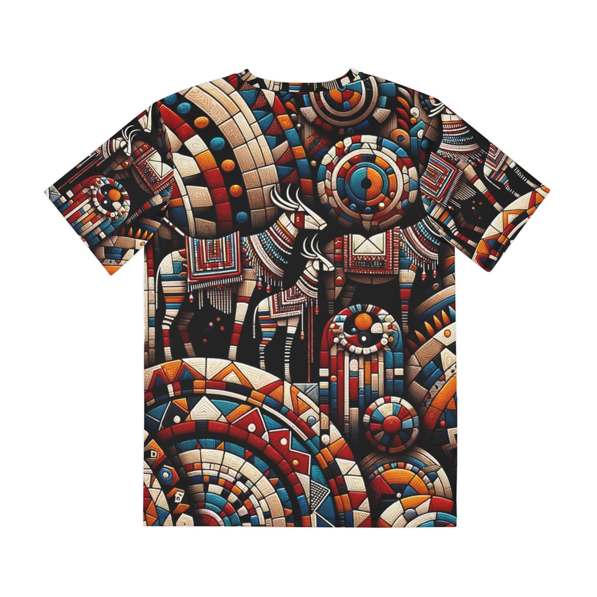 Artistic African print tee for men by LuckeLadybug featuring colorful geometric and tribal patterns