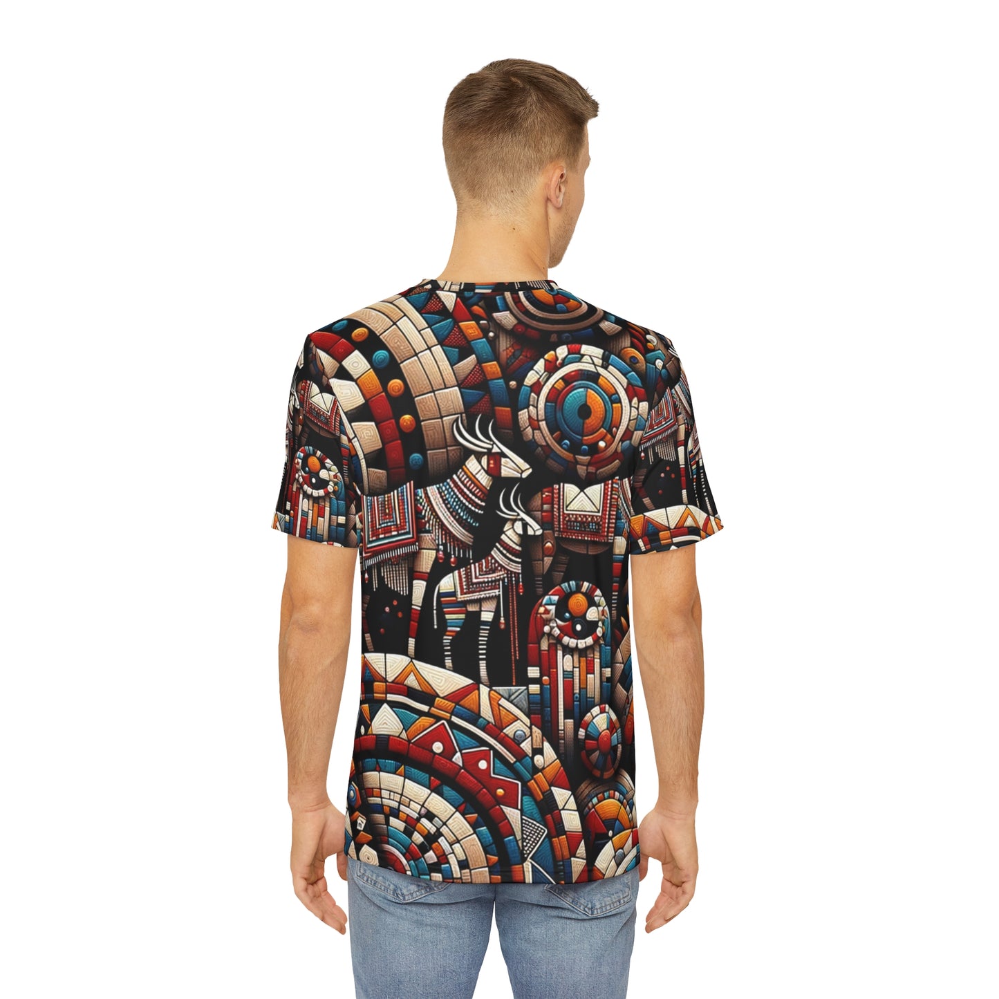 Artistic African print tee for men featuring colorful geometric patterns and animal motifs on the back