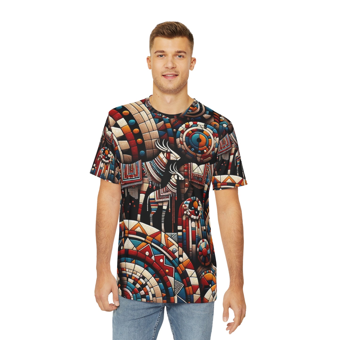Artistic African print tee for men by LuckeLadybug featuring colorful geometric and animal patterns
