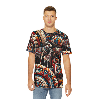 Artistic African print tee for men by LuckeLadybug featuring colorful geometric and animal patterns