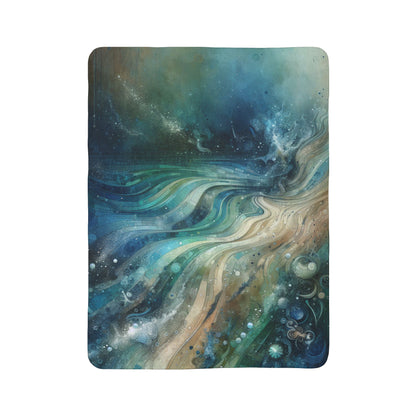 LuckeLadybug sherpa blanket with swirling blue and beige design artistic home decor blanket