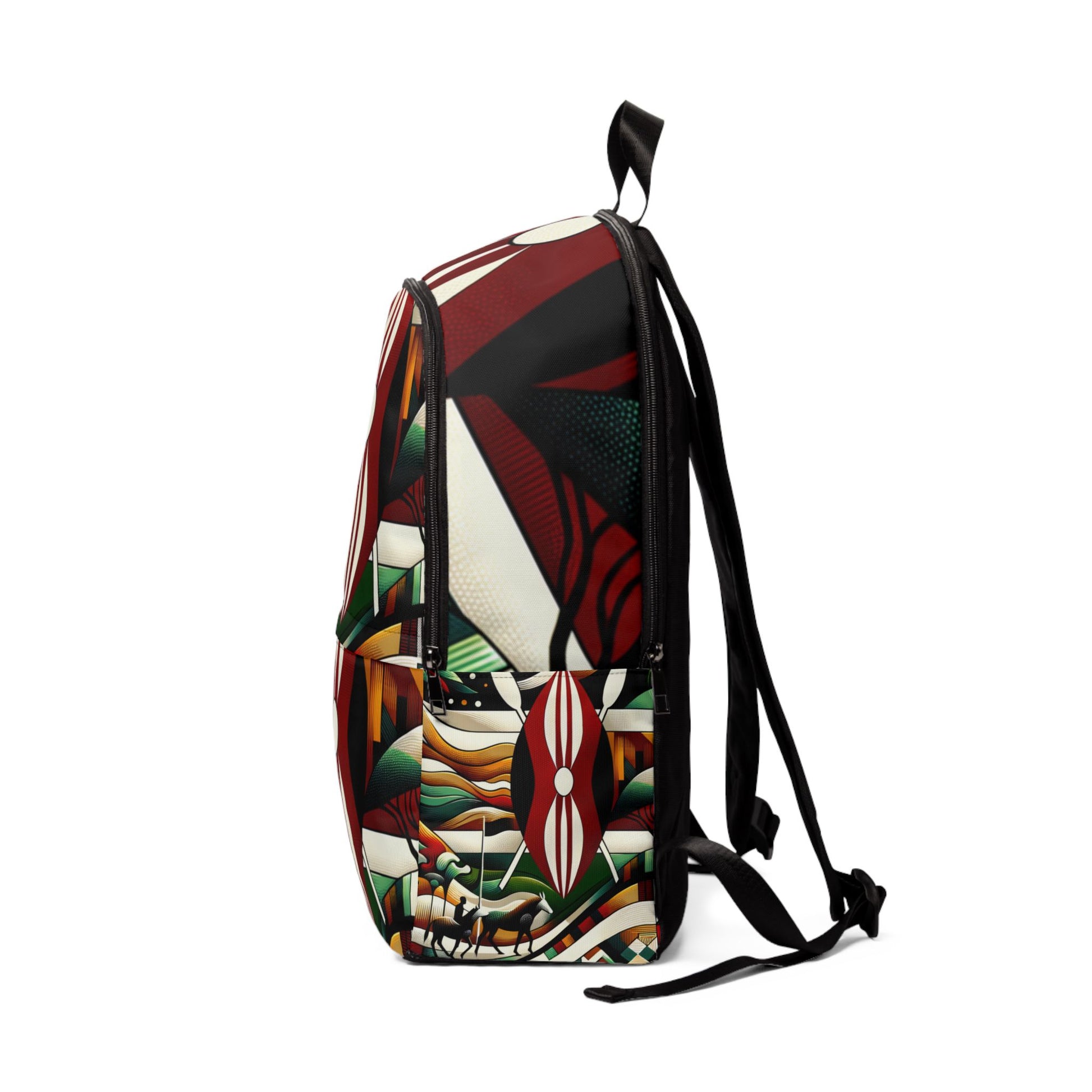 LuckeLadybug unique artistic backpack for school featuring colorful abstract geometric and organic pattern side view