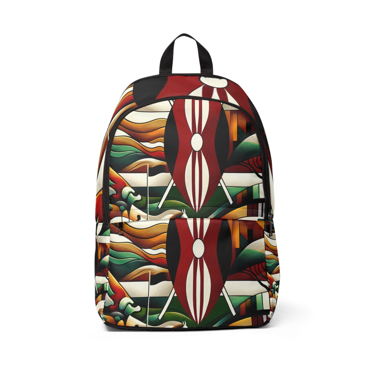 LuckeLadybug patterned backpack with bold abstract colorful waves and shields unique artistic backpack for school