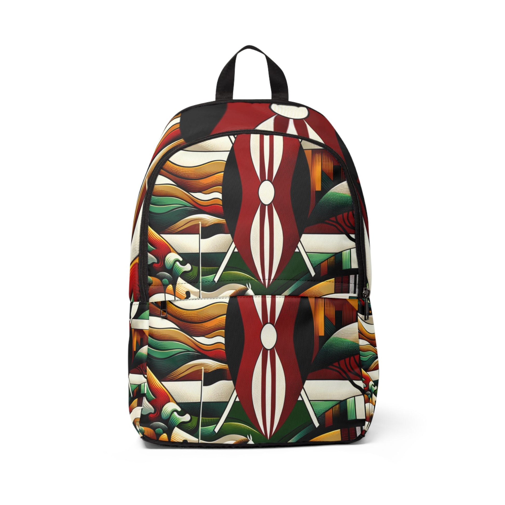LuckeLadybug patterned backpack with bold abstract colorful waves and shields unique artistic backpack for school