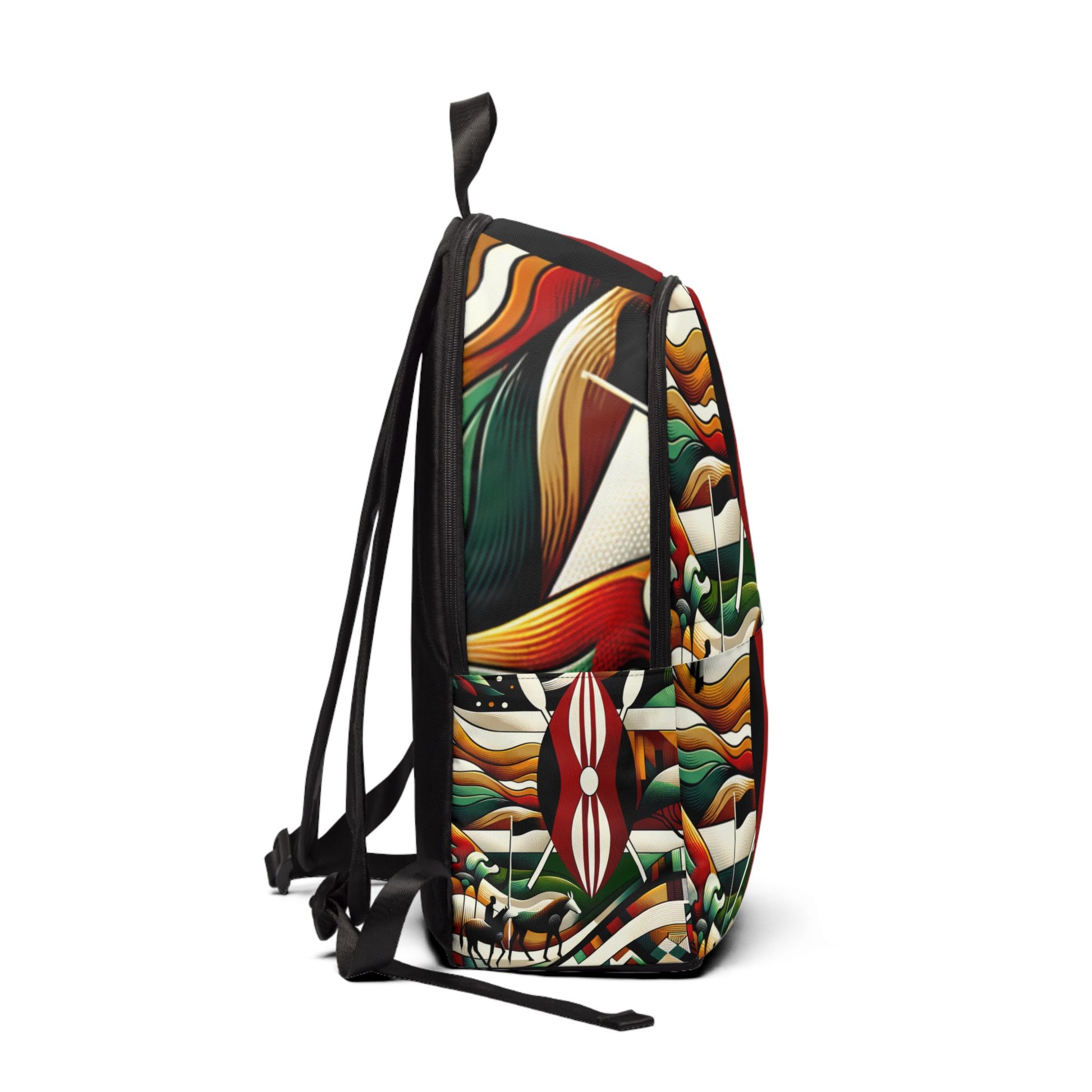 LuckeLadybug unique artistic backpack for school with colorful abstract tribal print side pocket and black padded straps