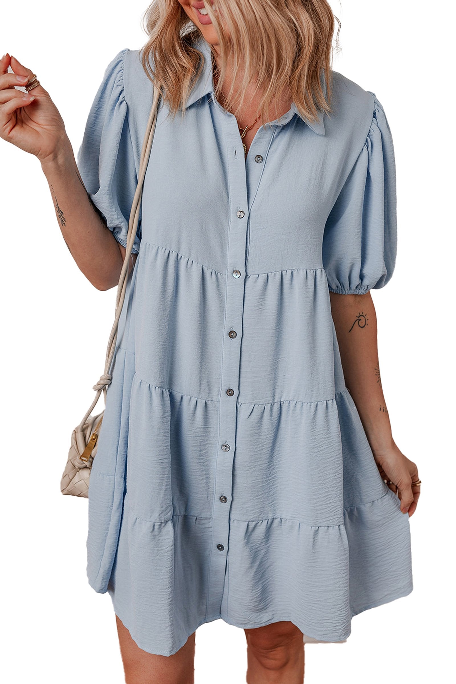 LuckeLadybug H Line blue shirt collar puff sleeve dress button front tiered babydoll silhouette