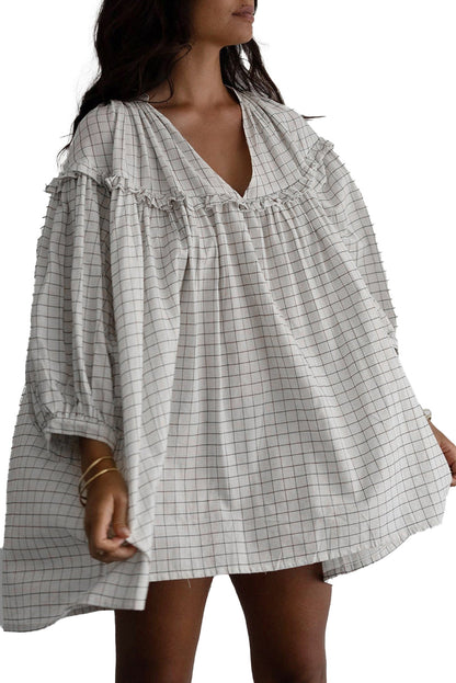 Dear Lover Dropshipping white checkered babydoll dress with V neck ruffle yoke and puff three quarter sleeves