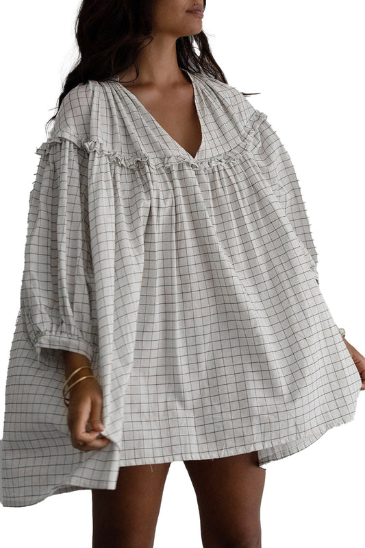 Dear Lover Dropshipping white checkered babydoll dress with V neck ruffle yoke and puff three quarter sleeves