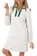 LuckeLadybug white jacquard mini dress with textured floral pattern long sleeves and striped zip collar