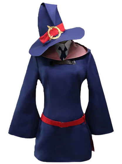 Atsuko Kagari cosplay costume with a blue dress, wide sleeves, and a pointed hat with a red band