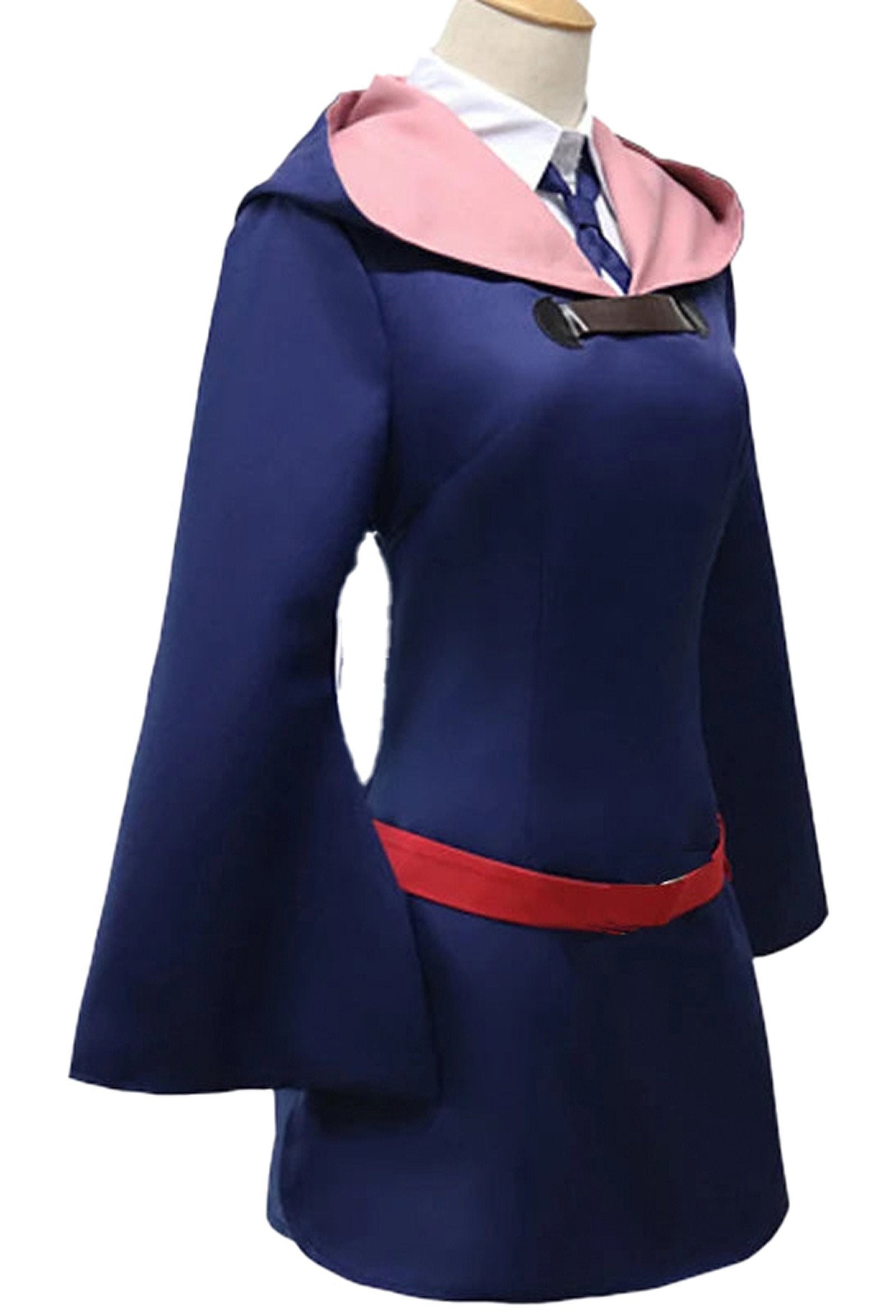 Atsuko Kagari cosplay costume in navy blue with pink hood and red belt for anime fans