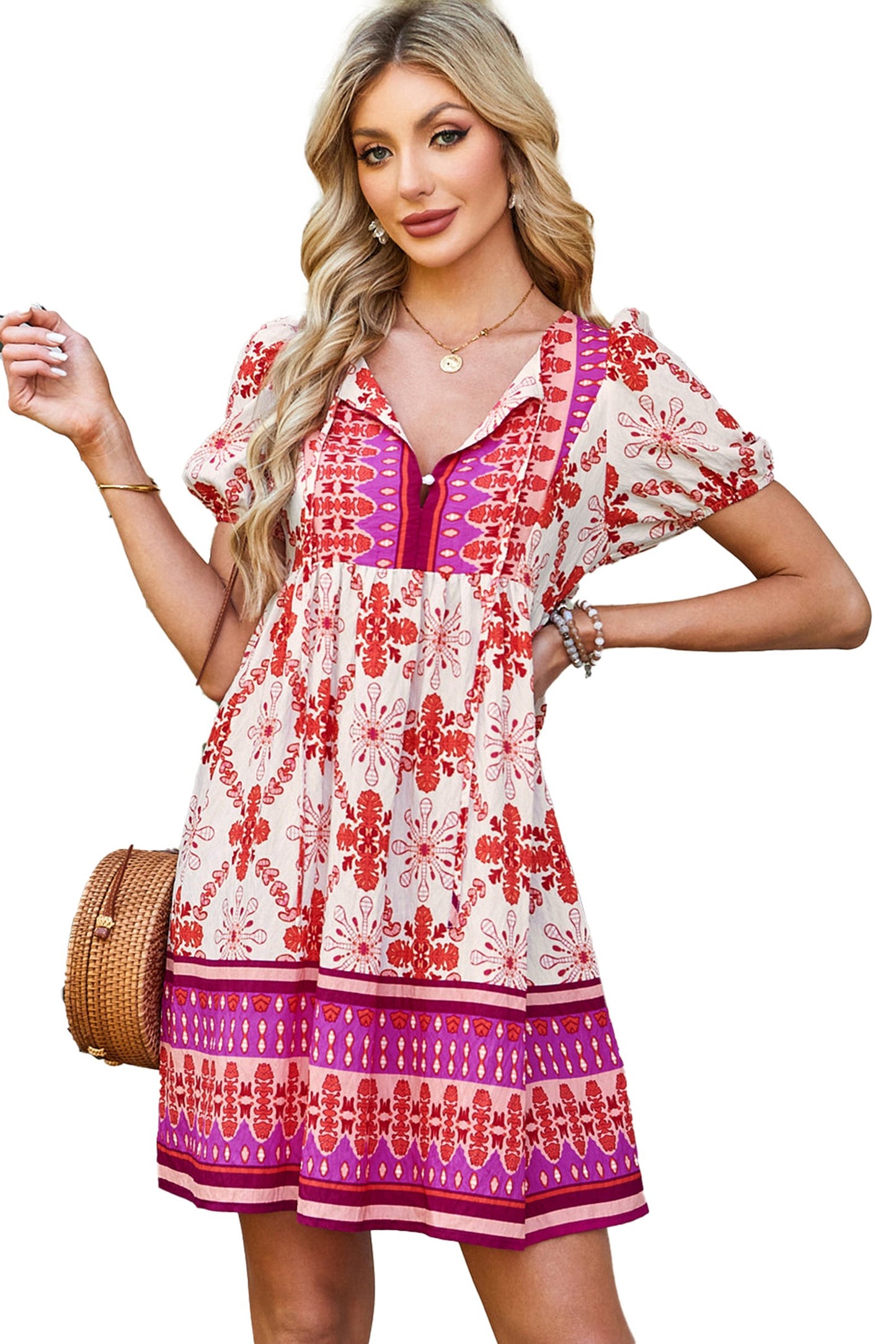 LuckeLadybug boho floral mini dress A line short sleeve V neck cream red print with purple border perfect for summer outings