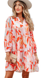 LuckeLadybug orange abstract print dress tiered mini dress with long sleeves and V neck