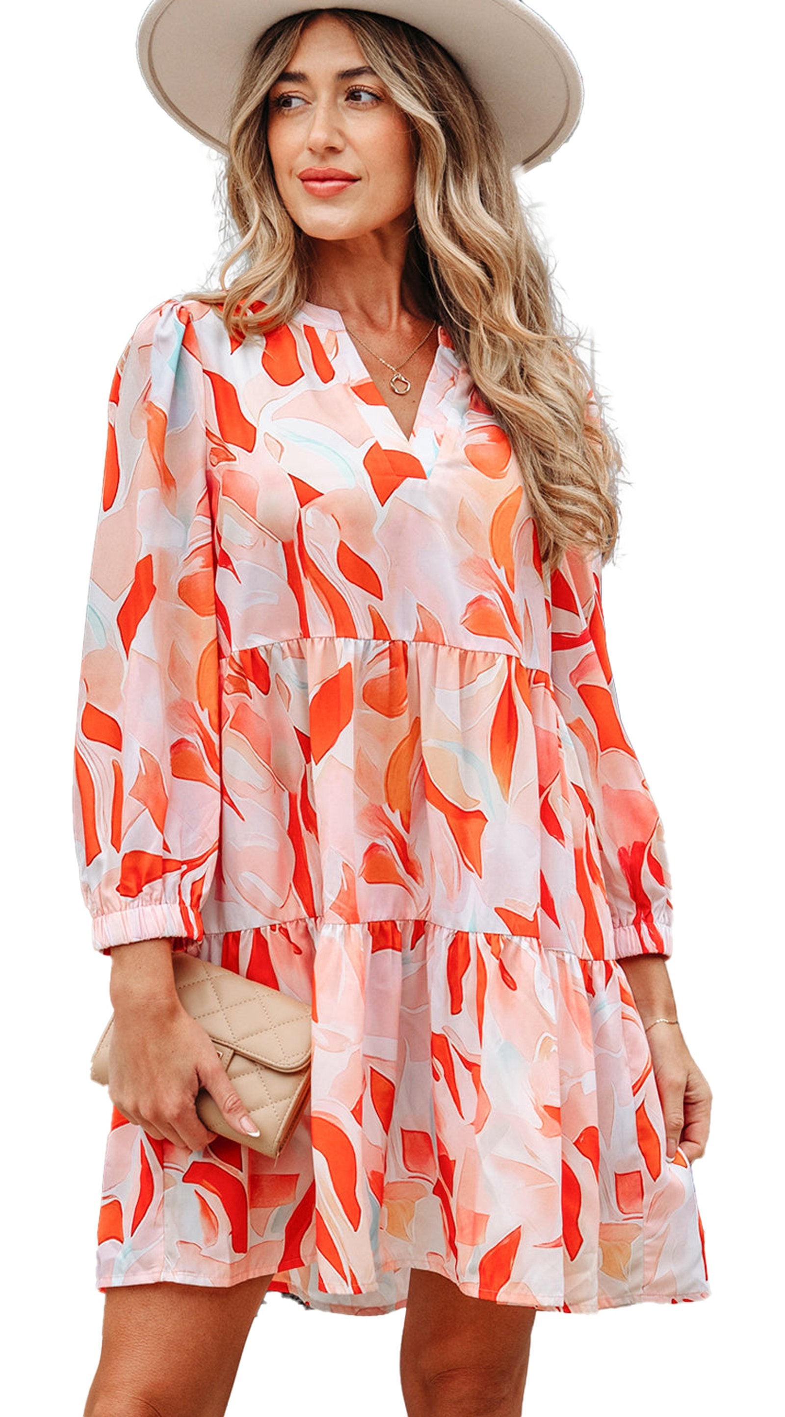 LuckeLadybug orange abstract print dress tiered mini dress with long sleeves and V neck