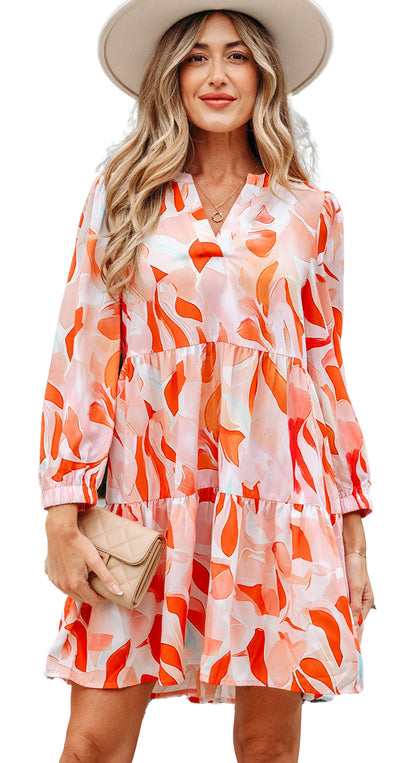 LuckeLadybug tiered V neck mini dress with long sleeves in orange abstract print dress perfect for summer outings