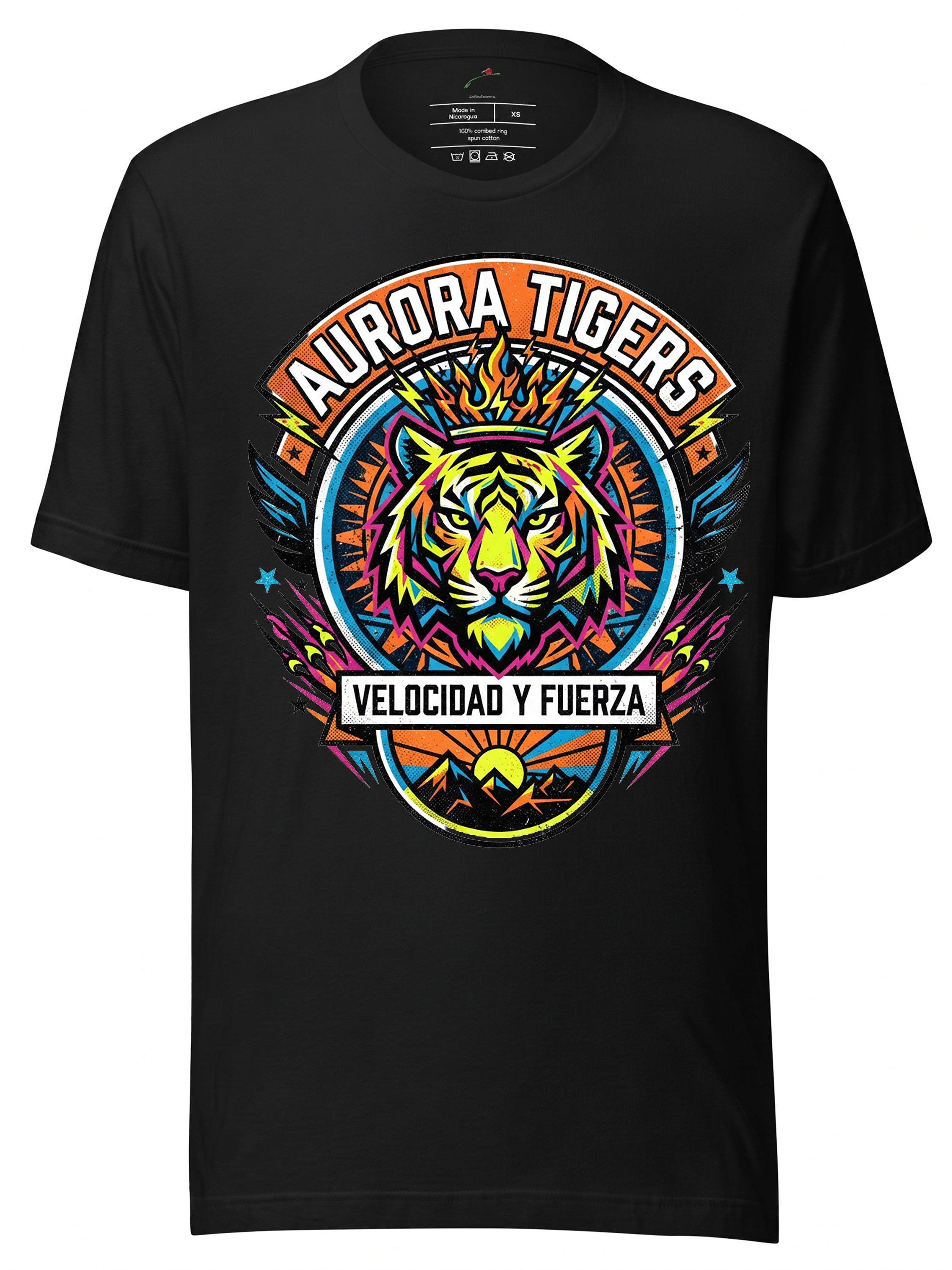Aurora Tigers T-Shirt featuring a vibrant tiger design and the phrase Velocidad y Fuerza, ideal for tigres uanl fans