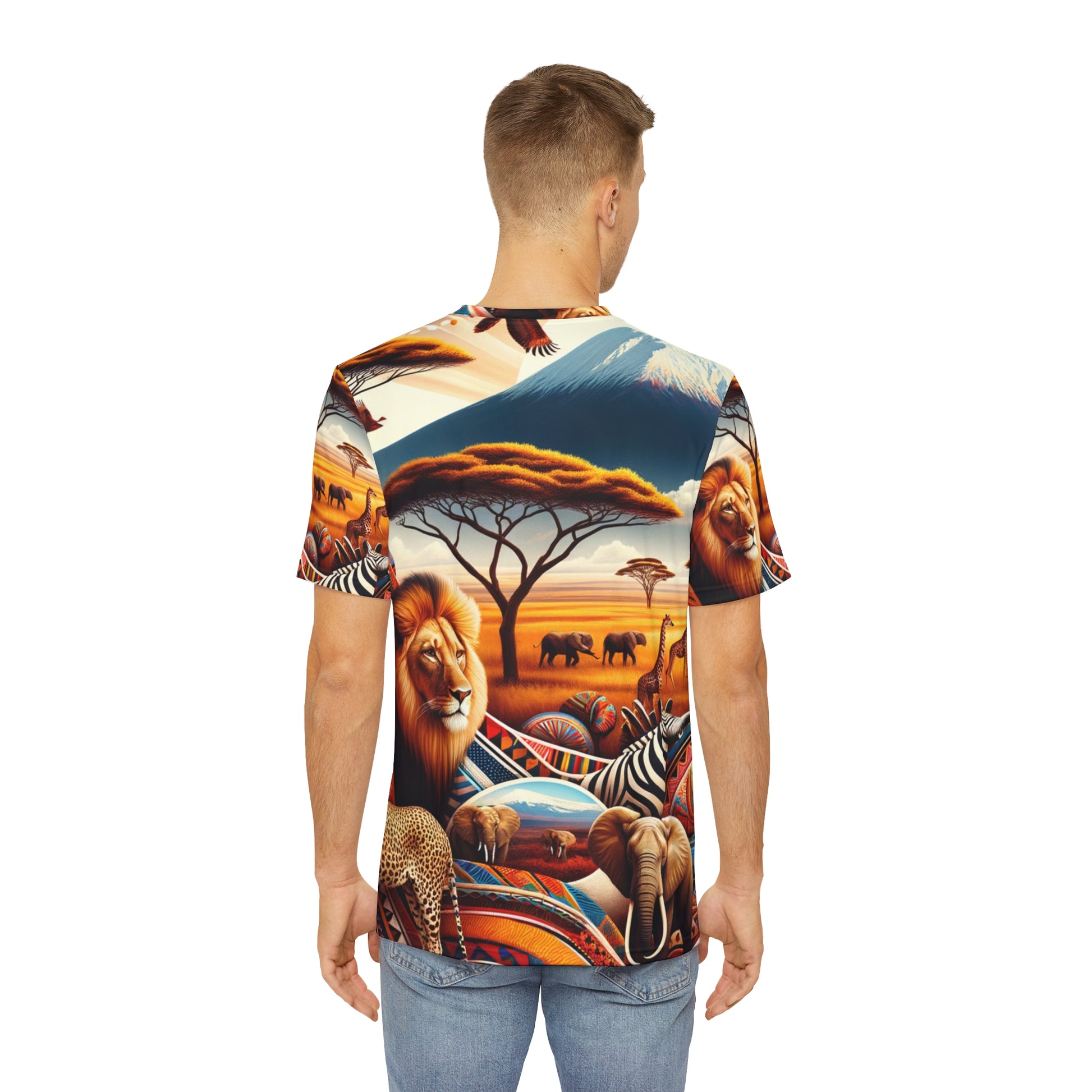 LuckeLadybug authentic abstract African tee featuring vibrant wildlife and savanna design on back