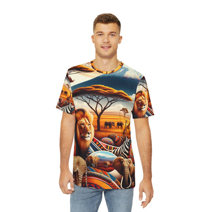 Authentic abstract African tee with vibrant wildlife design featuring lions, elephants, and acacia trees