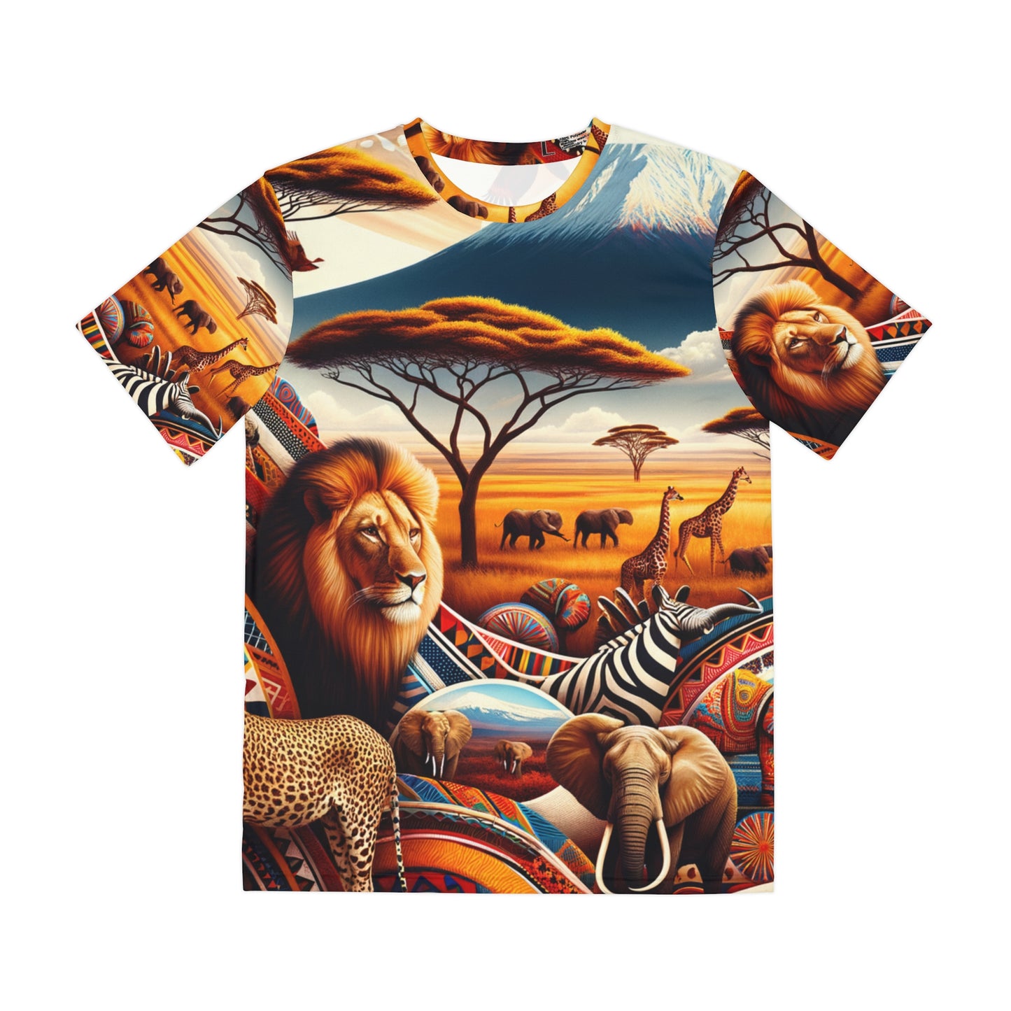 Authentic abstract African tee featuring vibrant wildlife and savanna landscape by LuckeLadybug
