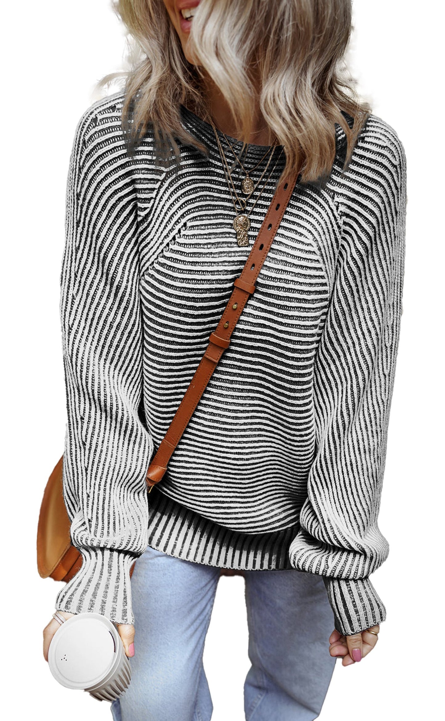 Blue Striped Knit Boat Neck Sweater