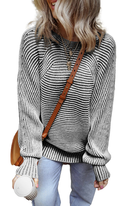 Blue Striped Knit Boat Neck Sweater