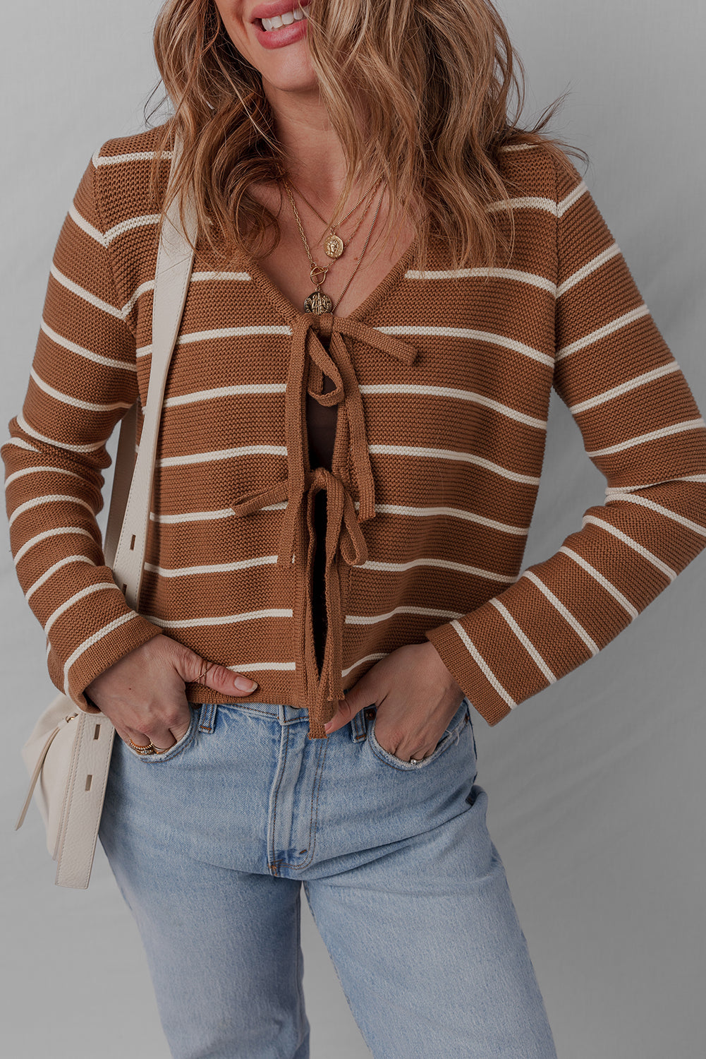 Chestnut Striped Tie Front Cardigan