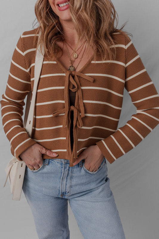 Chestnut Striped Tie Front Cardigan