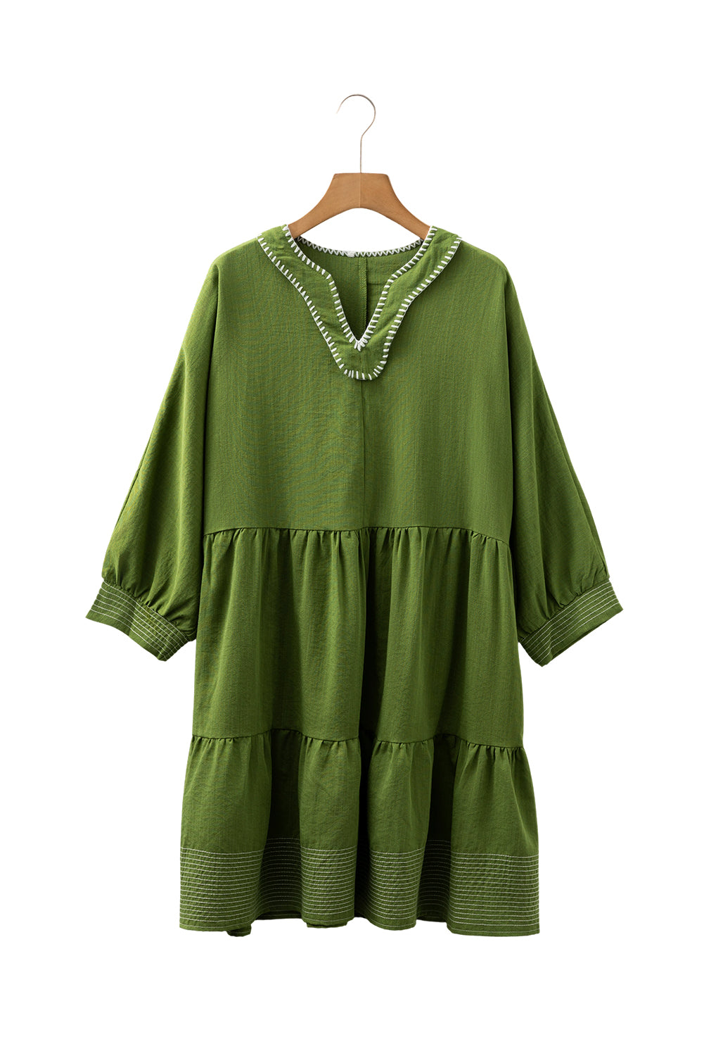 Jungle Green Mini Dress, Flowy Tiered V-Neck