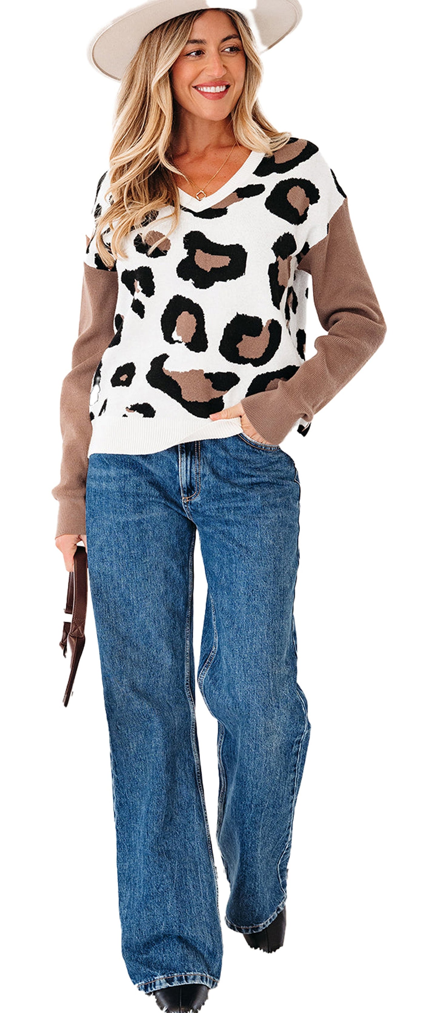 Leopard Print V Neck Sweater For Women