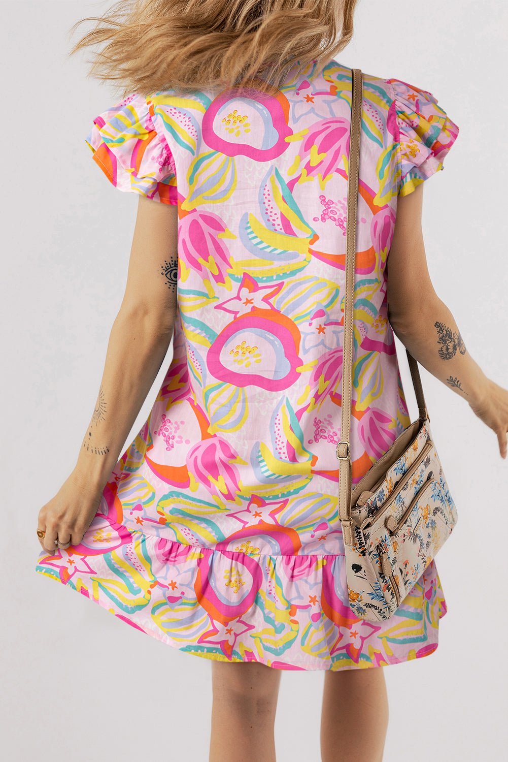 H-Line Abstract Floral Dress, Ruffle Mini
