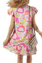 LuckeLadybug H Line pink abstract floral dress back view with ruffled hem and cap sleeves for casual summer wear