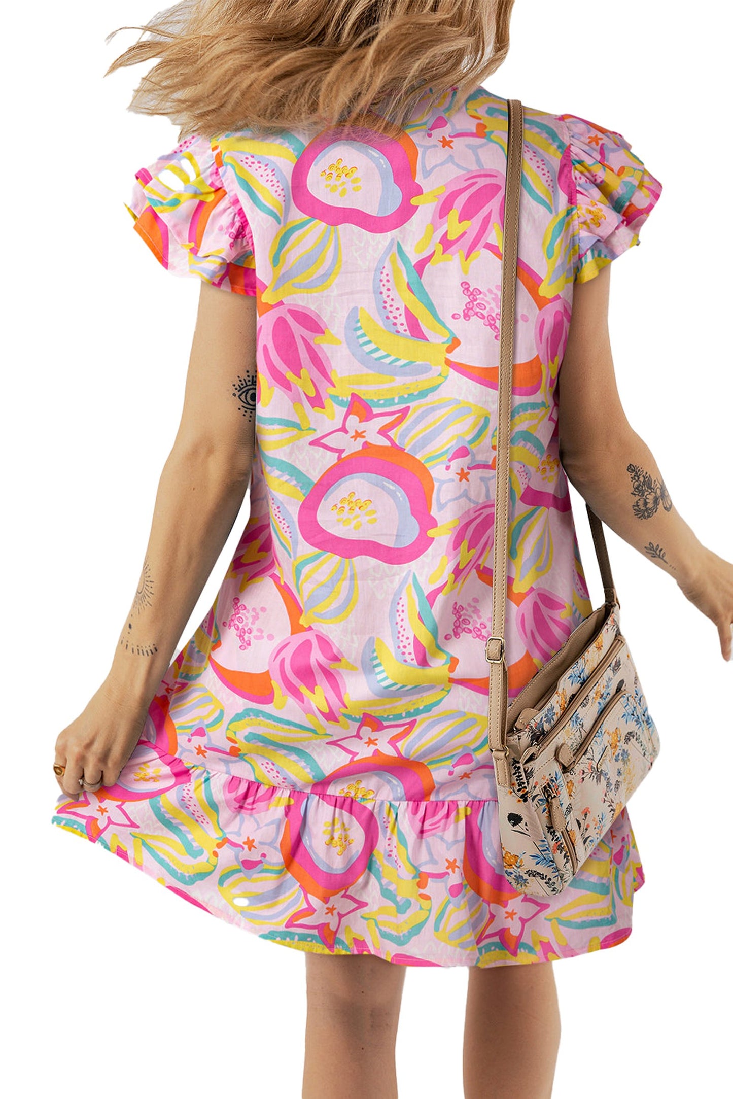 LuckeLadybug H Line pink abstract floral dress back view with ruffled hem and cap sleeves for casual summer wear
