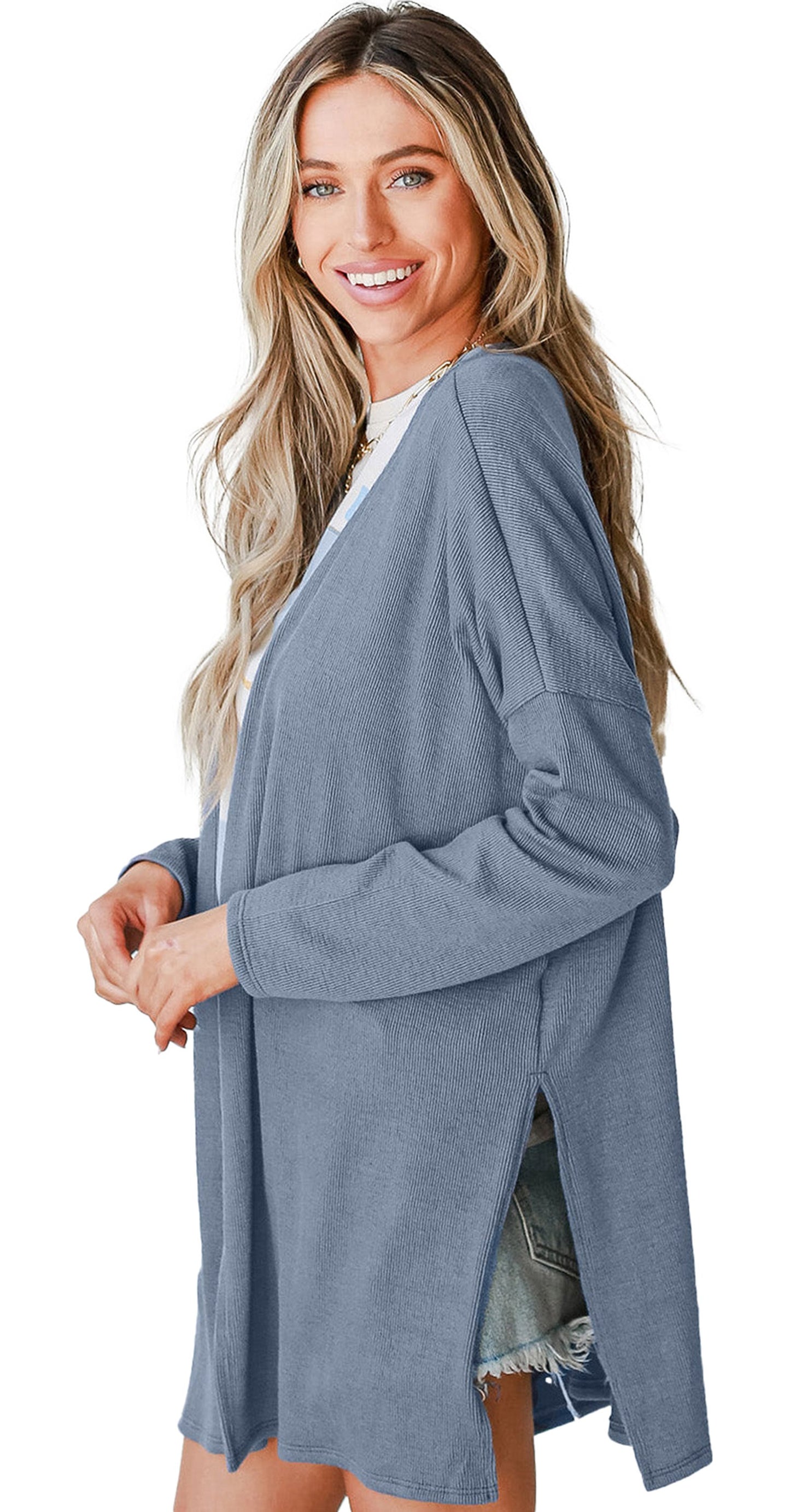 Blue Rib Knit Open Front Cardigan