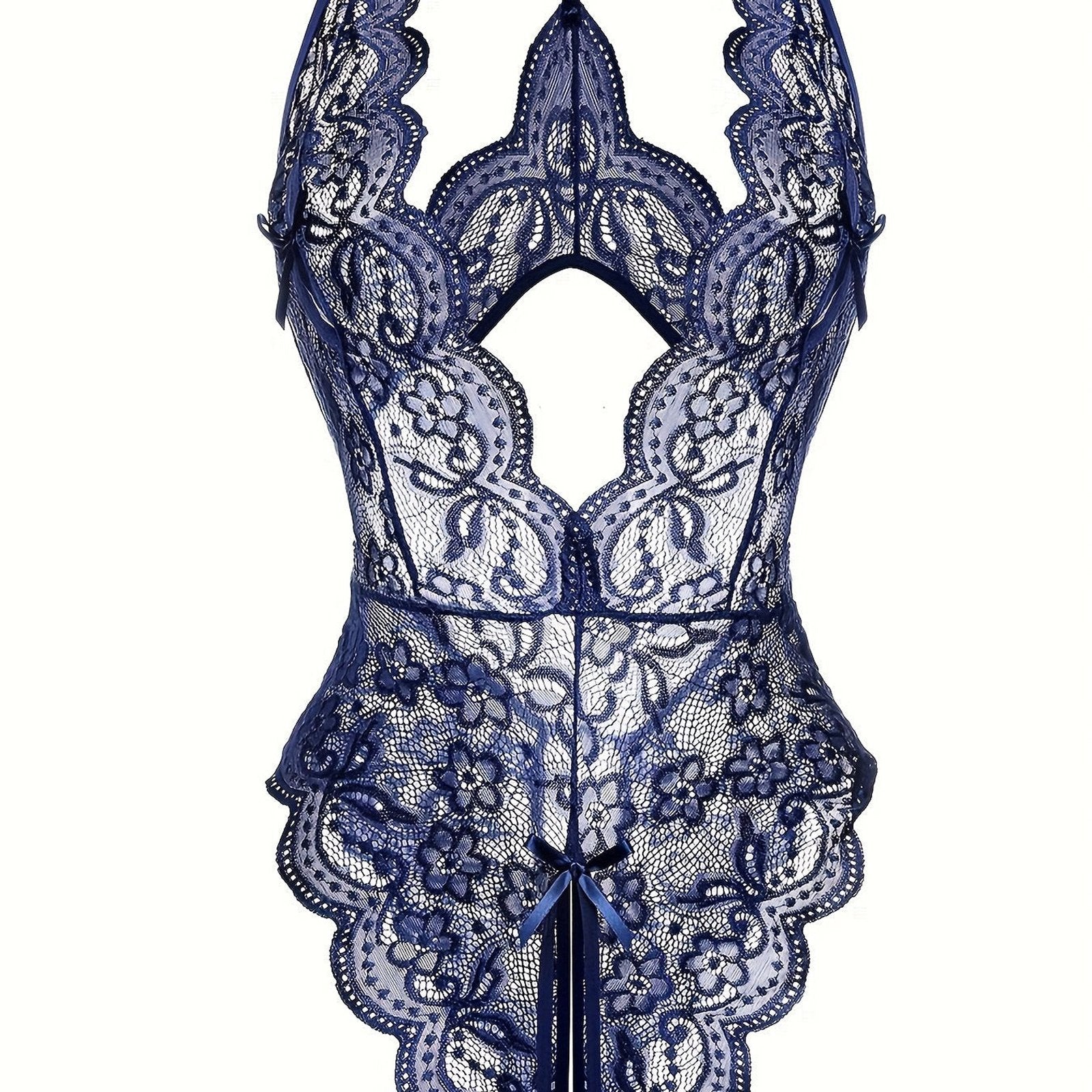 Sultry Floral Lace Bodysuit - Backless, Semi-Sheer, Open Crotch