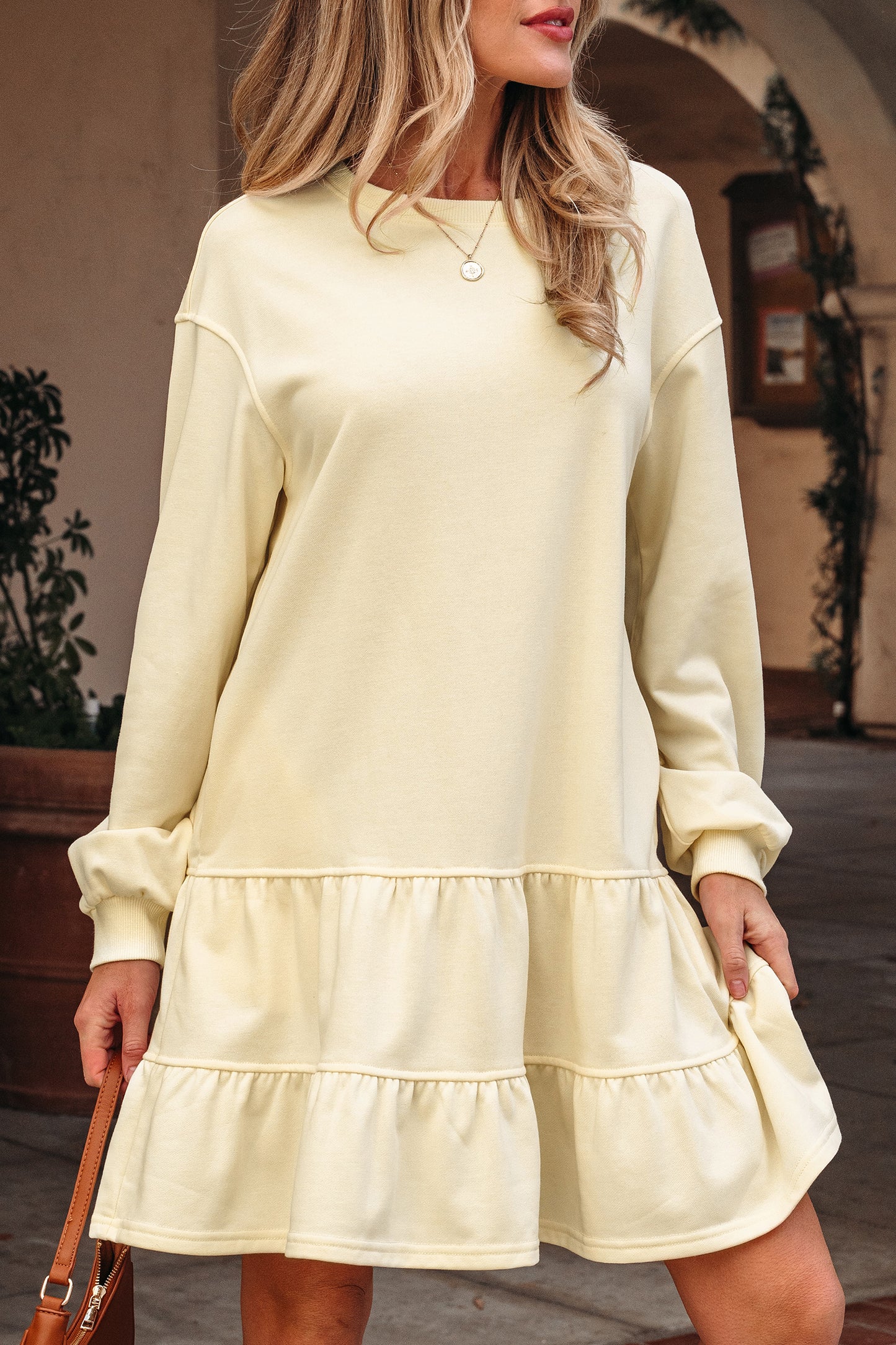 Beige Ruffle Hem Mini Dress Cozy Long Sleeve