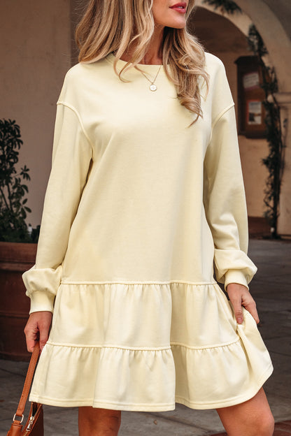 Beige Ruffle Hem Mini Dress Cozy Long Sleeve