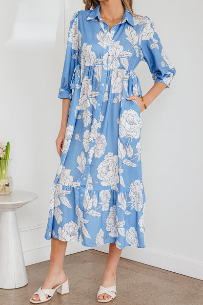 Sky Blue Floral Maxi Dress Buttoned Flowy