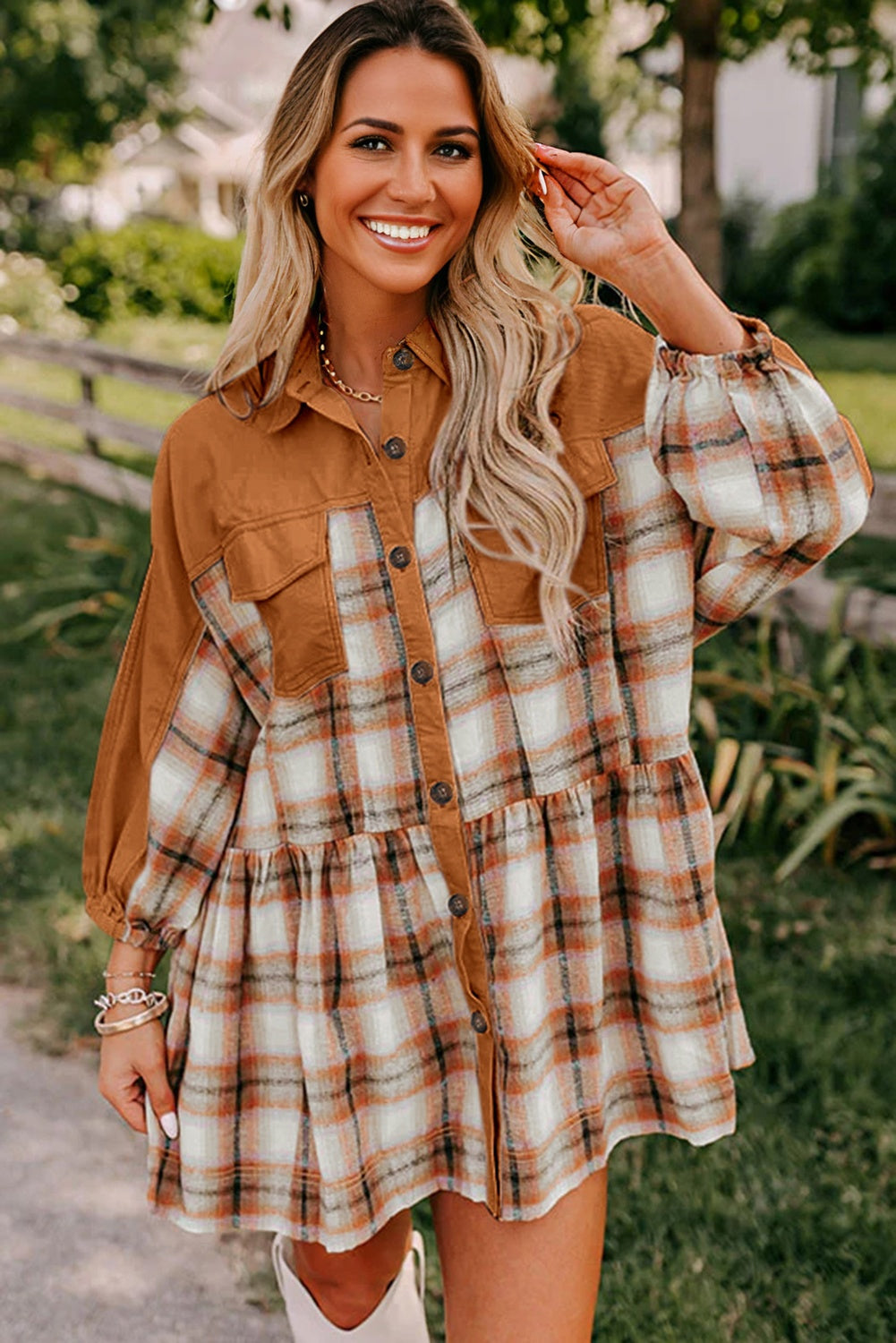 Khaki Plaid Tunic Dress Button Front