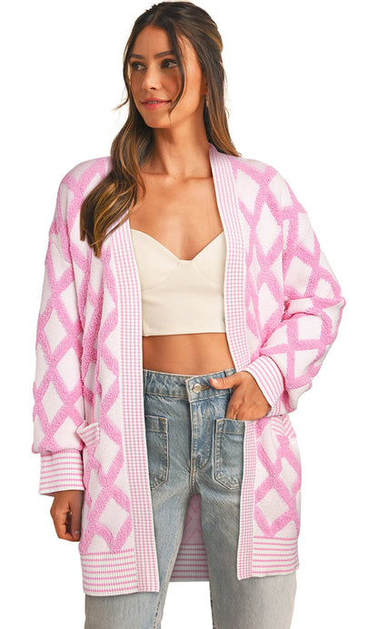Pink Rhombus Knit Cardigan For Trendy Style