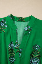 Green Floral Print Split Neck Shirred High Waist Ruffle Hem Maxi Dress