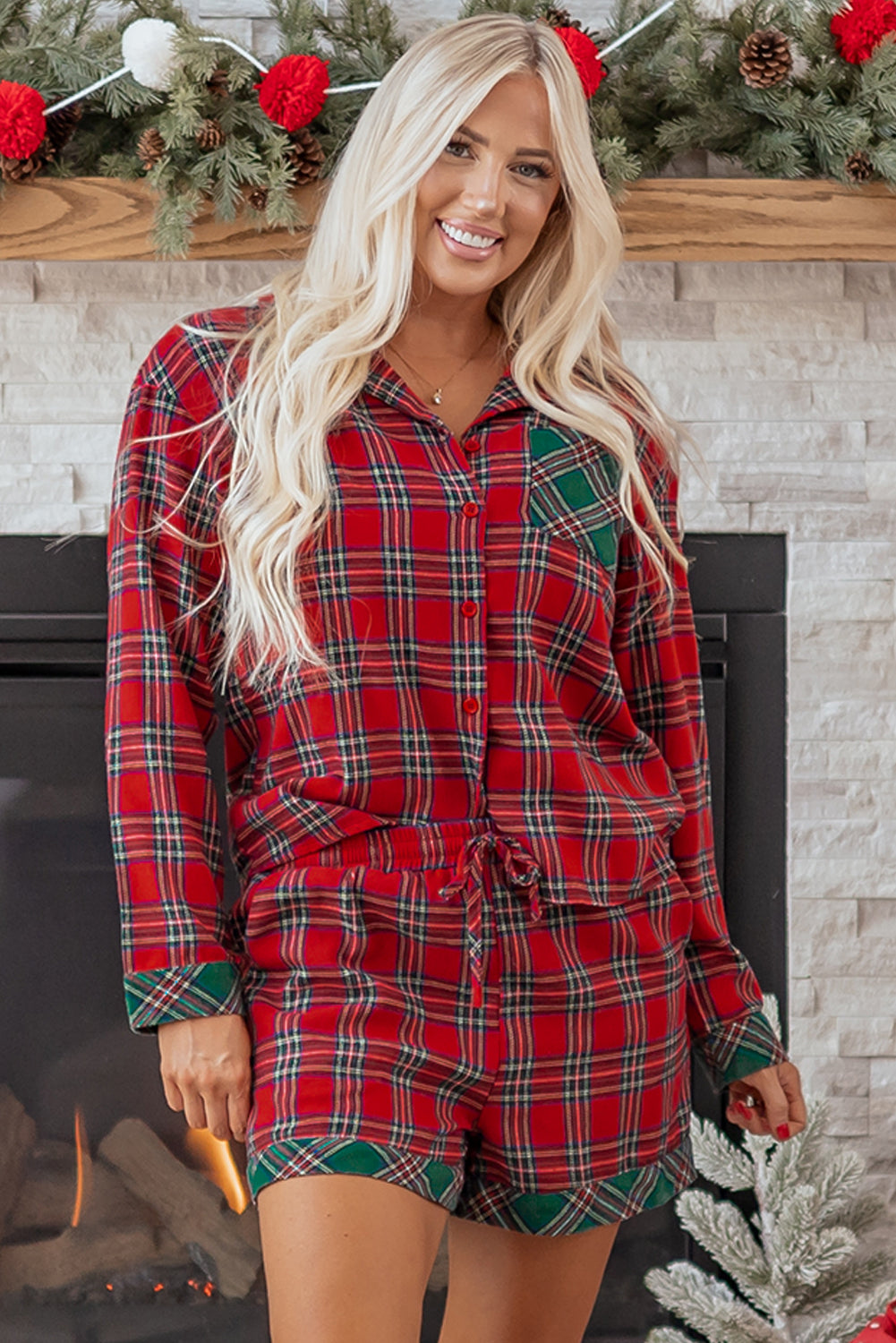 Red Plaid Christmas Pajamas Set For Women