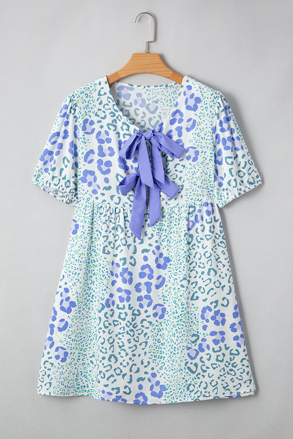 Sky Blue Leopard Mini Dress Puff-Sleeve Bow
