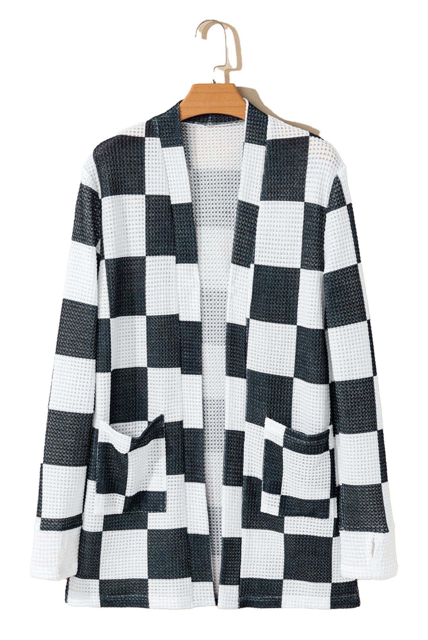 Black Checkered Waffle Knit Cardigan