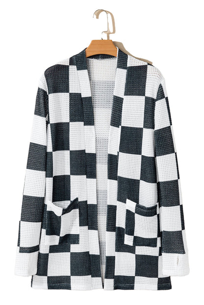 Black Checkered Waffle Knit Cardigan