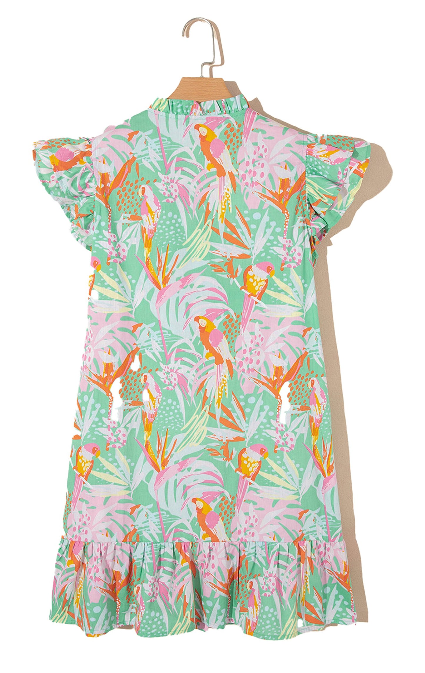Back view of LuckeLadybug H Line pink abstract floral dress with flutter sleeves ruffle hem and tropical bird print