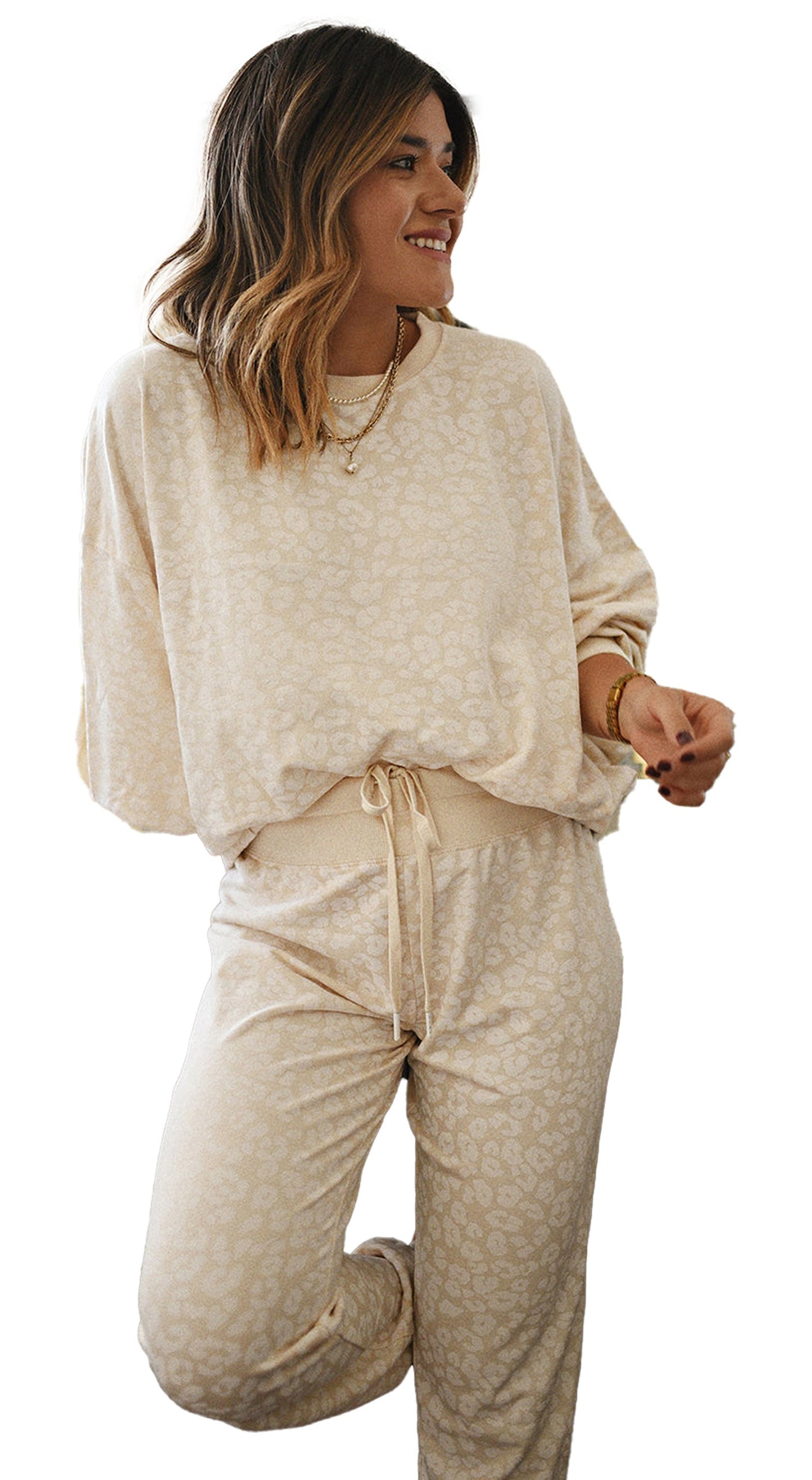 White Cheetah Print Loungewear Set