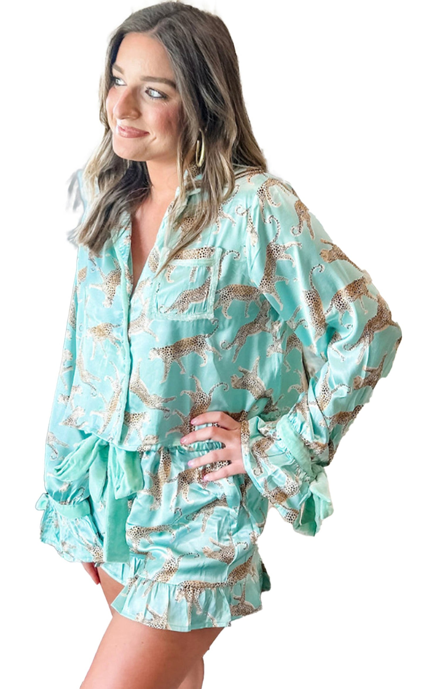 Green Leopard Satin Pajama Set For Women