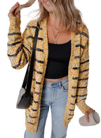 Beige Striped Knit Cardigan For Trendy Style