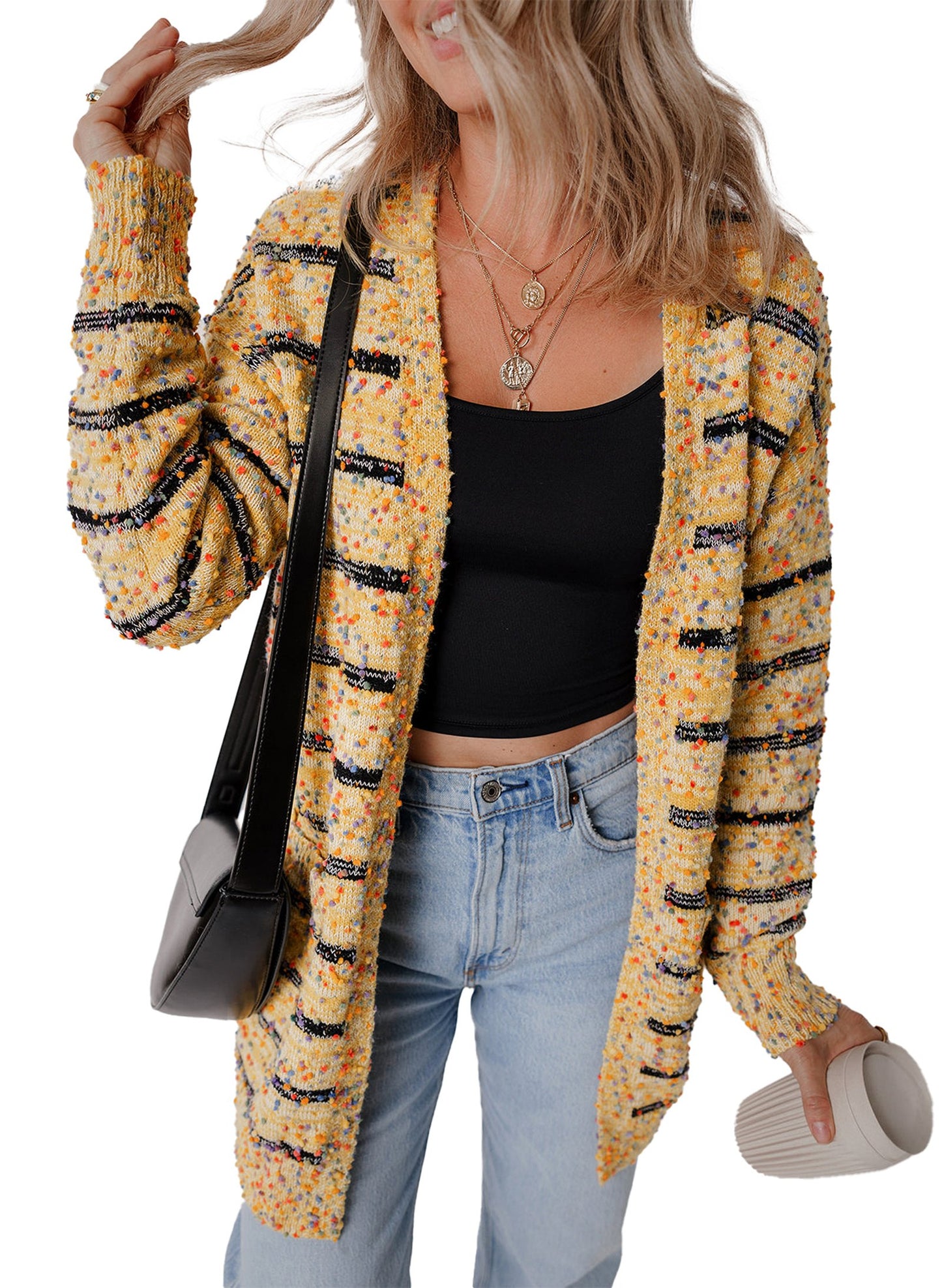 Beige Striped Knit Cardigan For Trendy Style